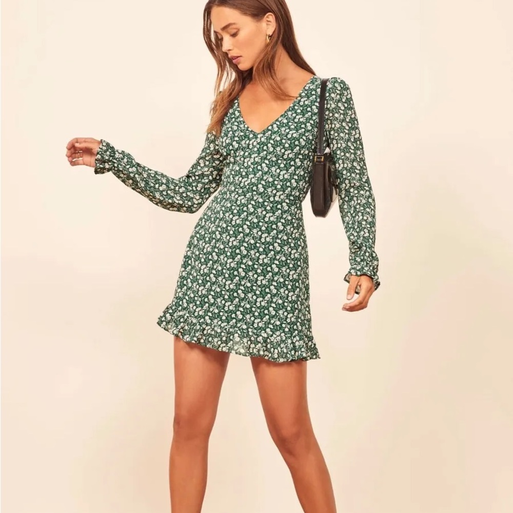 REFORMATION Vancouver Green Floral Print ELENOR Long Sleeve Crepe Mini-Dress 0